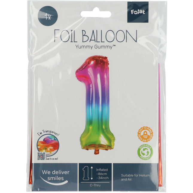 Balon foliowy numer 1 Rainbow XL 81 cm pusty