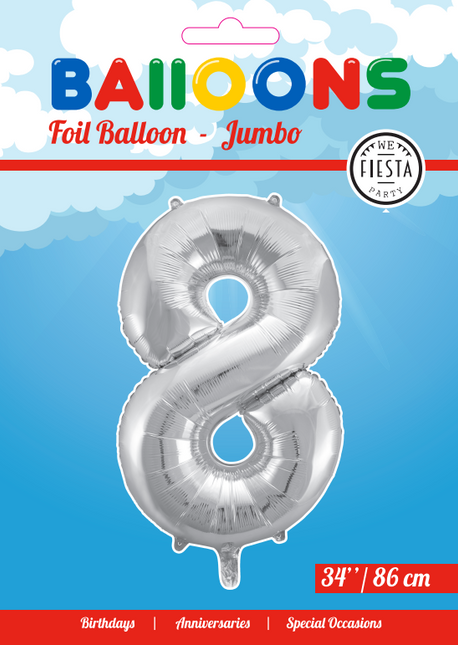 Balon foliowy cyfra 8 srebrny XL 86 cm pusty