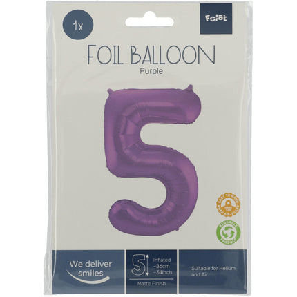 Balon foliowy Figurka 5 Matt Purple XL 86cm pusty