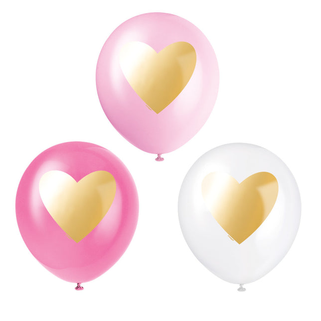Balony różowe ze złotym sercem 30cm 6szt