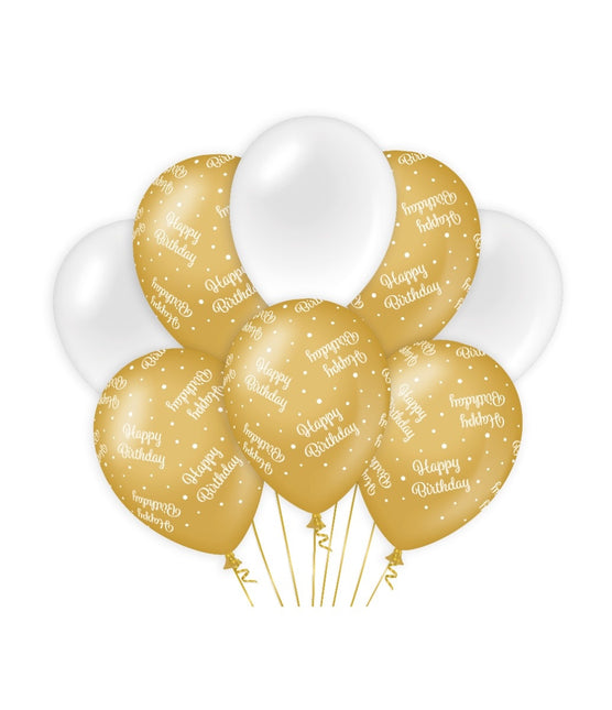 Balony Happy Birthday Gold White 30cm 8szt