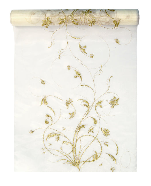 Vanilla Creme Organza Fabric Gold Flowers 36cm 9m