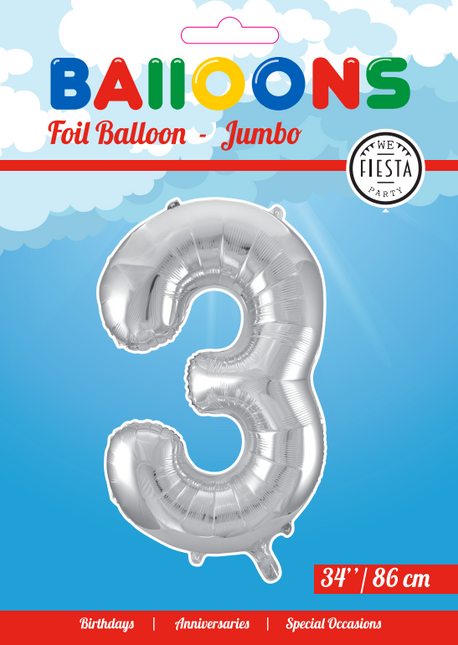 Balon foliowy Figurka 3 Srebrny XL 86cm pusty