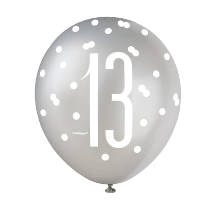 Balony 13 lat Kropki Czarne 30cm 6szt