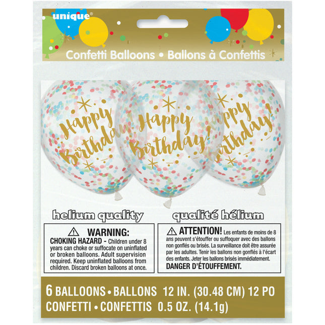 Balony z konfetti Happy Birthday 30cm 6szt