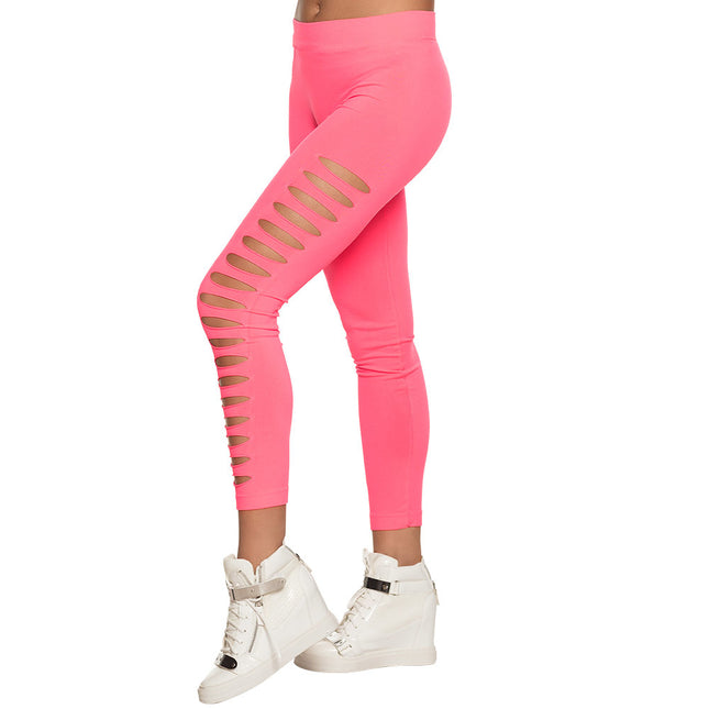 Neonowe różowe legginsy z dziurami L-XL
