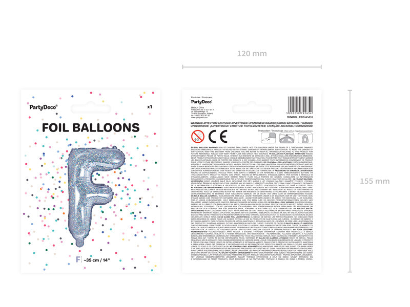 Balon foliowy litera F holograficzny pusty 35cm