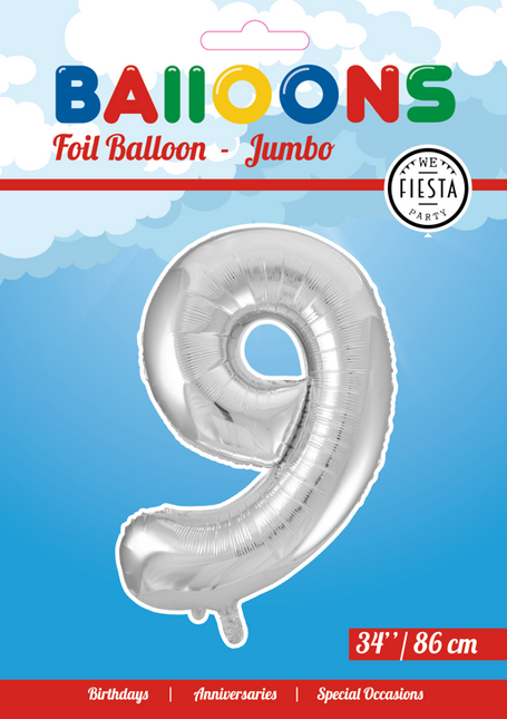 Balon foliowy Figurka 9 Srebrny XL 86cm pusty