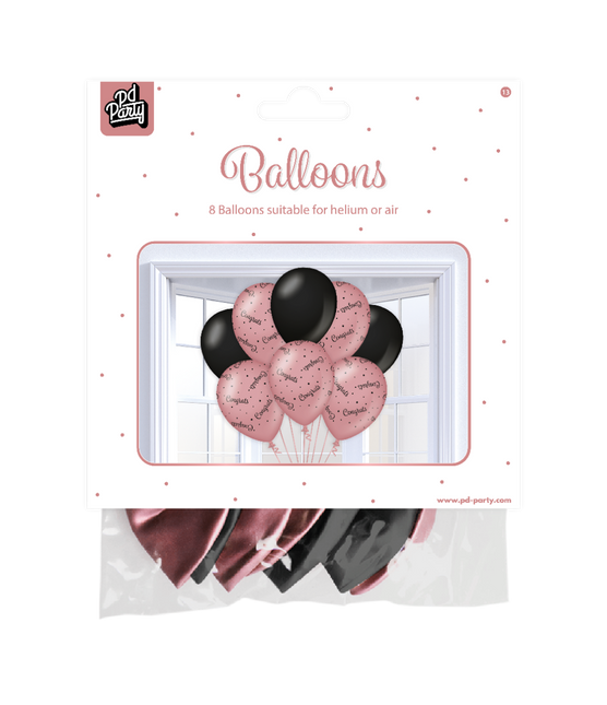 Balony Gratulacyjne Różowe Czarne 30cm 8szt