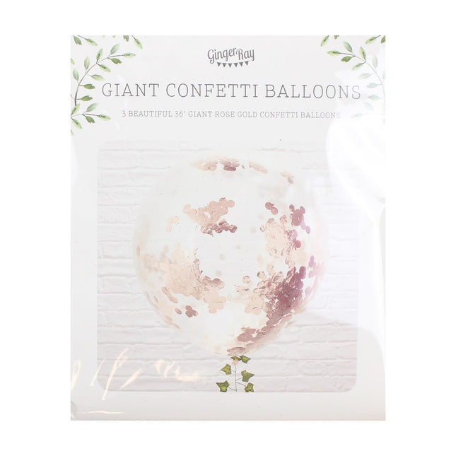 Balony z konfetti w kolorze różowego złota 90cm 3szt.