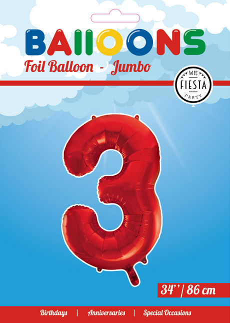 Balon foliowy Figurka 3 Czerwony XL 86cm pusty