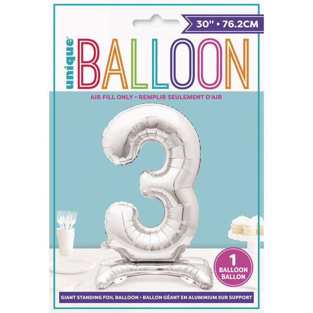 Balon foliowy Figurka 3 Srebrny Standard 76 cm