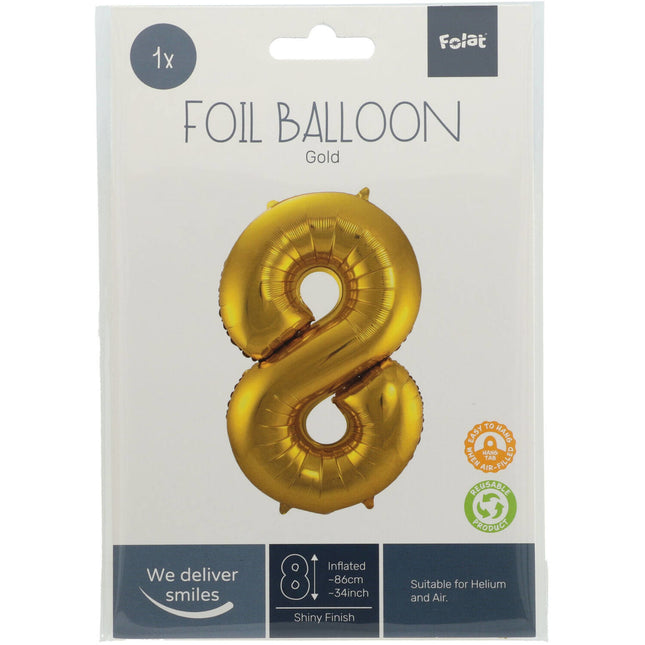 Balon foliowy cyfra 8 złoty metalik XL 86 cm pusty