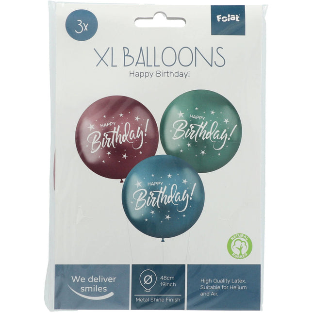 Balony Happy Birthday fioletowe zielone niebieskie 48cm 3szt.