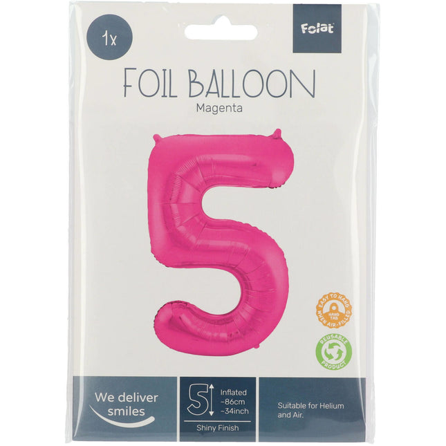 Balon foliowy cyfra 5 fuksja metaliczny XL 86 cm pusty