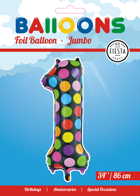 Balon foliowy Numer 1 Kropki XL 86 cm pusty