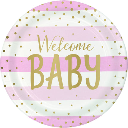 Różowe tabliczki Welcome Baby 23cm 8szt