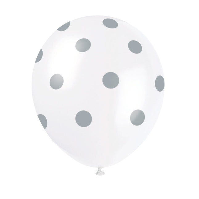 Balony białe srebrne kropki 30cm 6szt