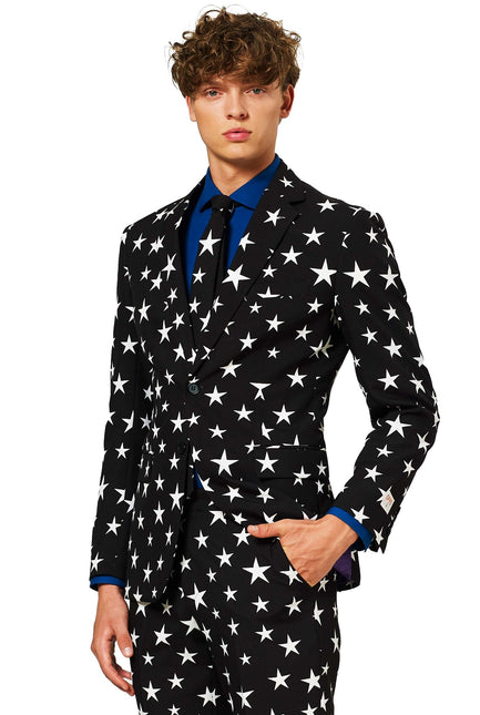 Czarny garnitur męski w białe gwiazdki OppoSuits