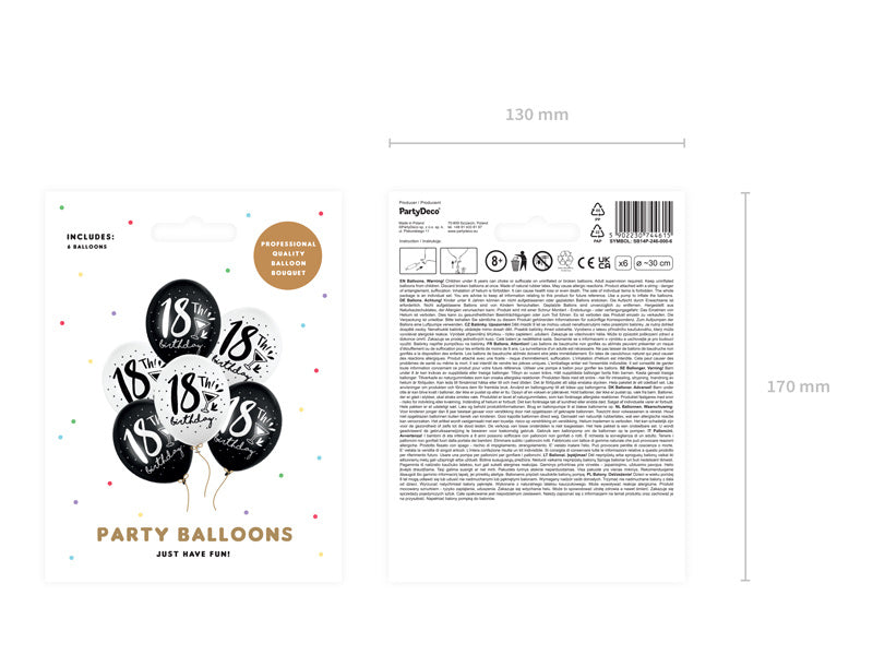 Balony 18 lat czarno-białe 30 cm 6 szt.